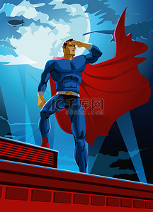 英雄背景图片_向远方眺望，屋顶上的超级英雄