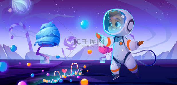 可爱背景图片_可爱的小宇航员在外星星球上带着糖果和糖果。空间派对、生日庆祝活动、身着西服的婴儿宇航员和地外景观头盔、卡通矢量图解