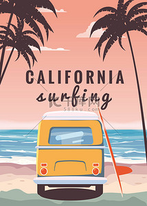 冲浪者橙色巴士, 面包车, 露营车与冲浪板在热带海滩上。海报加州棕榈树和蓝色的海洋背后。现代设计的复古例证, 隔绝, 向量