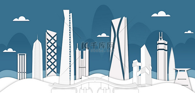 旅游风海报背景图片_深圳城市建筑蓝色剪纸风海报背景