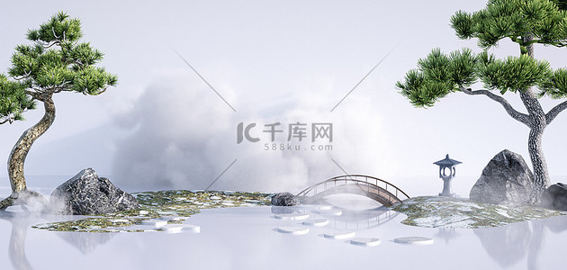 中国烟雾背景图片_中国风松树c4d