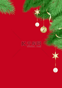 红色卡通圣诞节背景图片_圣诞节装饰卡通挂件与植物红色背景
