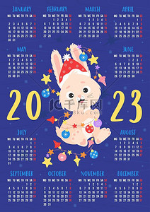 12个星座背景图片_2023年日历上有可爱的兔子头戴圣诞礼帽,戴着新年花环.兔子是东西方星座的象征.矢量图解。用英语做了12个月的垂直模板。星期一开始的一周