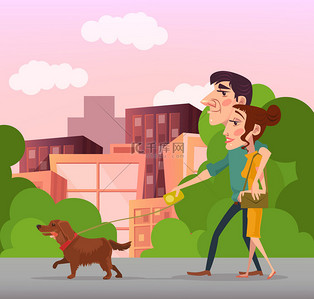 幸福的夫妇带着狗散步。矢量平面卡通插画