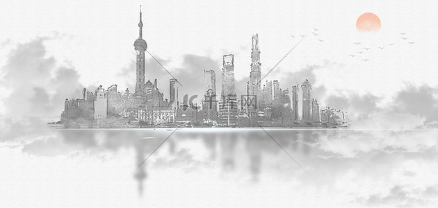 上海建筑背景图片_水墨城市水墨上海