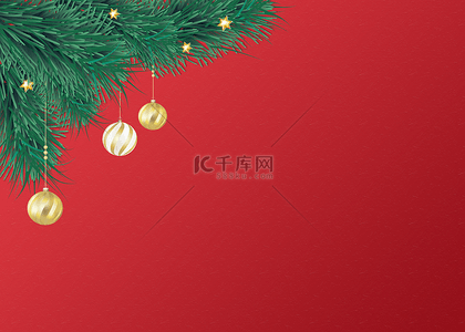 圣诞节装饰植物和灯球红色背景