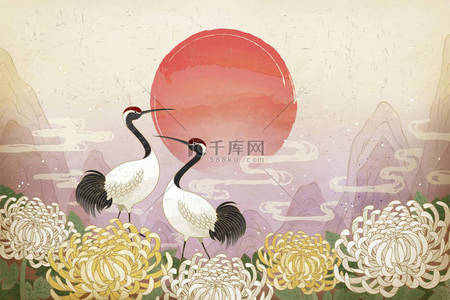 双九九节与红冠鹤和菊花背景