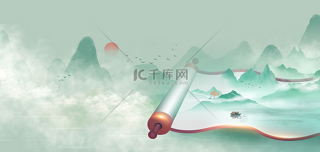 卷轴水墨山水绿色中国风卷轴谷雨海报背景