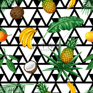 热带水果背景背景图片_无缝图案，热带水果和树叶。没有裁剪面罩的背景。背景、纺织品、包装纸容易使用
