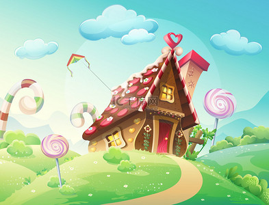 甜蜜的家的饼干和糖果的草甸和日益增长的焦糖背景上的插图.