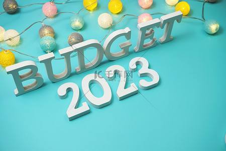 预算2023字母LED棉球蓝色背景装饰装饰