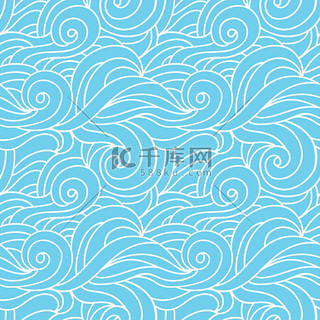 波形矢量无缝模式。海浪水单色纹理。手绘抽象蓝色背景