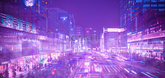 海报酷炫图背景图片_赛博朋克城市紫色酷炫海报背景