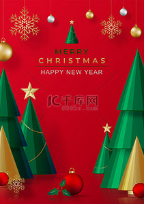 剪彩背景图片_圆圆的舞台风格，为圣诞快乐和新年快乐，以及节日或节日，用红纸剪彩艺术和工艺在色彩的背景下装饰节日元素.