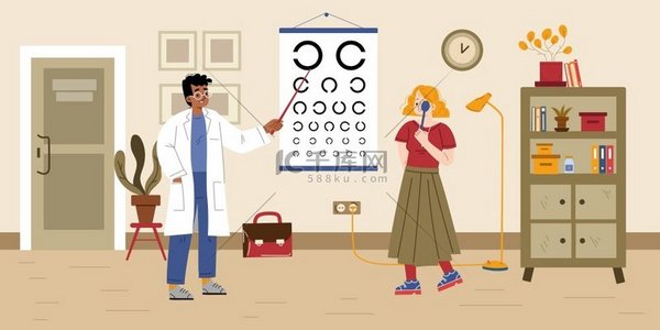 眼科医生在医疗门诊办公室用眼科检查表检查患者视力。