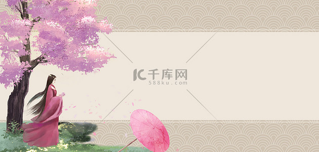 樱花花瓣背景图片_简约樱花宣纸色国风中式banner