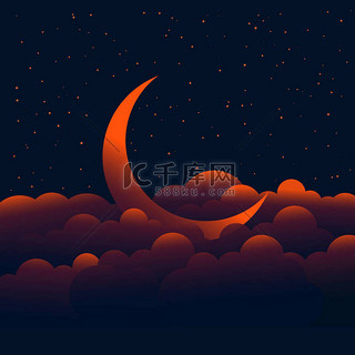 年轻的月亮在云彩中闪烁着橙色的光芒
