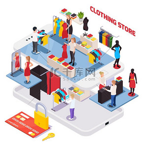 等距组合与服装店内部信用卡和顾客在白色背景 3d 矢量图上选择衣服
