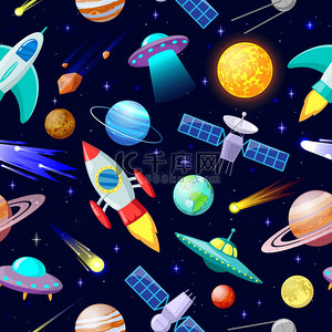 天体背景图片_卡通空间模式。天文学行星和宇宙飞船、天文学恒星、彗星和天体。银河要素矢量说明