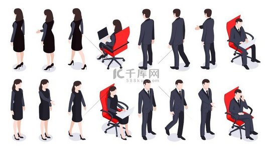 等距商务人士与男性和女性一起在办公室穿着正面和背面视图 3d 孤立矢量图