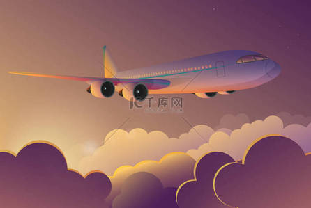 日出时在天空中飞行的飞机。飞机旅行旅途飞行矢量卡通插画.