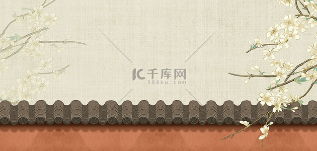 韩国古建筑手绘背景图片_工笔风古建筑黄色中国风背景