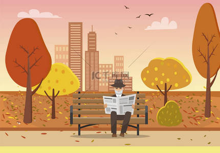 老人手里拿着报纸坐在板凳上, 在秋城公园里的向量。摩天大楼和建设基础设施, 树叶掉落的树木