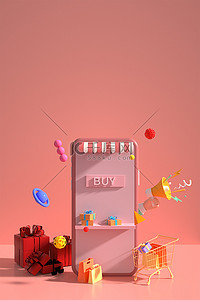 电商手机购物红色立体背景海报