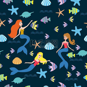 海洋卡通背景图片_模式与卡通美人鱼