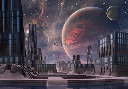 3d立体宇宙背景图片_未来派外星人之城-3d 立体计算机图稿