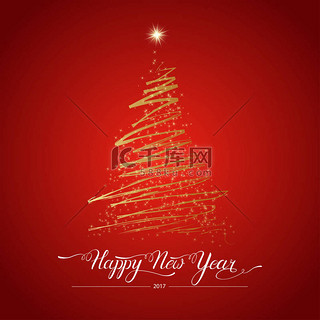 新年快乐背景图片_新年快乐, 在红色背景下的装饰冷杉树。冬季节日贺卡。矢量插图