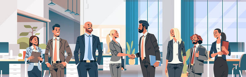 合伙背景图片_商界人士集团握手协议沟通理念现代 coworking 办公室内部男性女性合伙男女卡通人物肖像水平横幅平