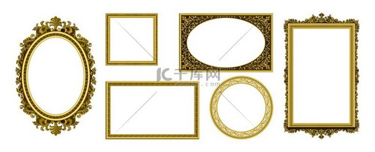 金色相框复古照片边框带有豪华装饰的古董皇家博物馆装饰孤立的黄金框架高级家具模板矢量复古内饰元素集金色相框复古照片边框古董罗亚