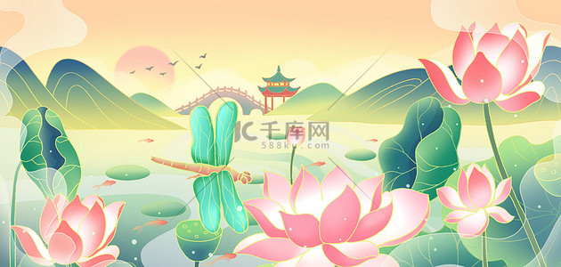 夏天山水荷花金色中国风海报背景