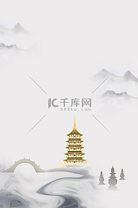 杭州马拉松背景图片_杭州地标建筑水墨中国风背景