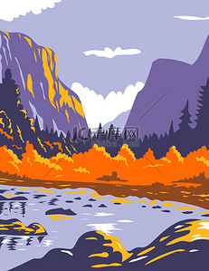 英语海报背景图片_2011年秋季在美国加利福尼亚州中部内华达州约塞米蒂国家公园（英语：Yosemite National Park Sierra Nevada）举行的作品项目管理或联邦艺术项目风格的世界和平协会El Capitan或El Cap海报艺术.