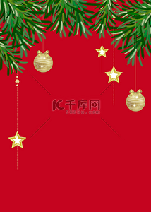 卡通花纹雪花背景图片_圣诞节装饰金色星星和圆球红色背景