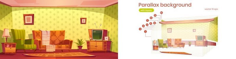 游戏背景复古客厅内部2卡通公寓复古休息室带电视地毯灯和绿色墙上的相框分层矢量插图背景用于带有复古房间的游戏