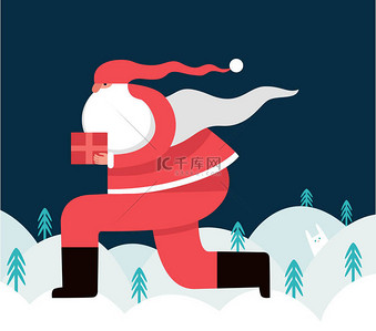 跑背景图片_圣诞老人的角色是跑着，拿着装有圣诞礼物的盒子。平面矢量图解