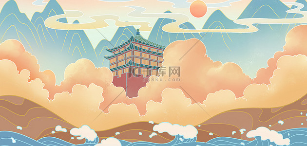 中国云背景图片_敦煌 云纹 黄色中国风手绘插画