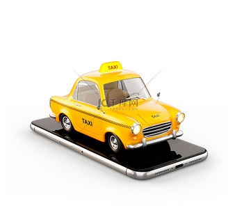 智能手机在网上搜索出租车服务的应用呼叫和预订出租车。在智能手机上的出租车出租车不寻常的3d 例证.