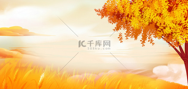 秋天大树背景图片_秋天麦地大树橙色