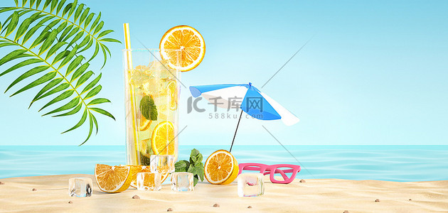 海边背景图片_夏季冷饮海滩冰块蓝色c4d