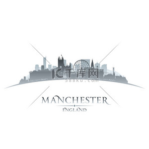 城市剪影海报背景背景图片_曼彻斯特英格兰城市天际线轮廓白色背景