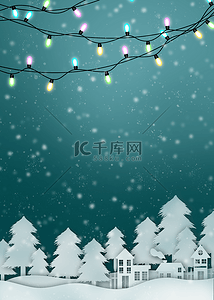 卡通森林元素背景图片_灯串植物圣诞夜空雪花背景