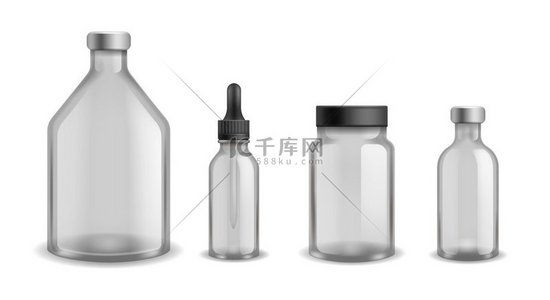 医用玻璃瓶逼真的空白芳香疗法油化妆品容器透明的空塑料瓶带盖和移液管糖浆药物包装在白色套装上分离的三维载体医用玻璃瓶逼真的空白芳香疗法油