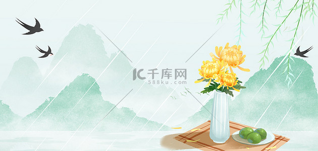 清明节菊花青团浅绿色中国风海报背景