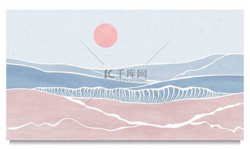 一套创造性的、简约的现代线条艺术印刷品。摘要海浪当代审美背景景观.与大海，天涯，波浪。病媒说明