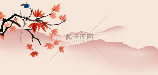 水墨枫叶山峰粉红色中国风背景