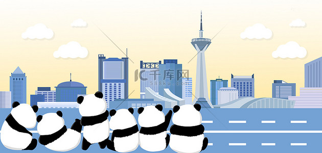 熊猫基地背景图片_成都熊猫浅蓝色卡通背景